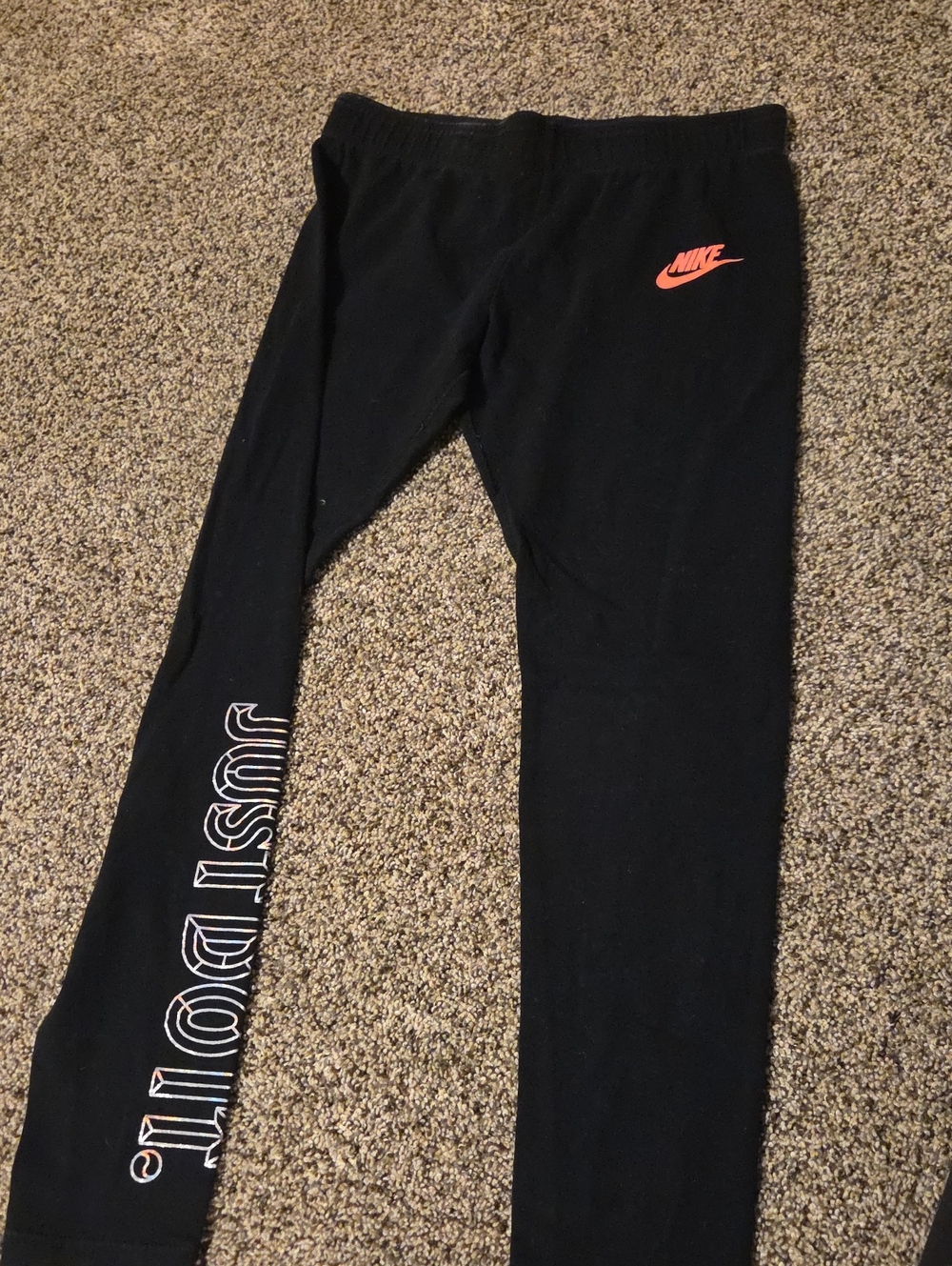 Nike Kids Black Leggings with Coral Swoosh and 'Just Do It' Lettering